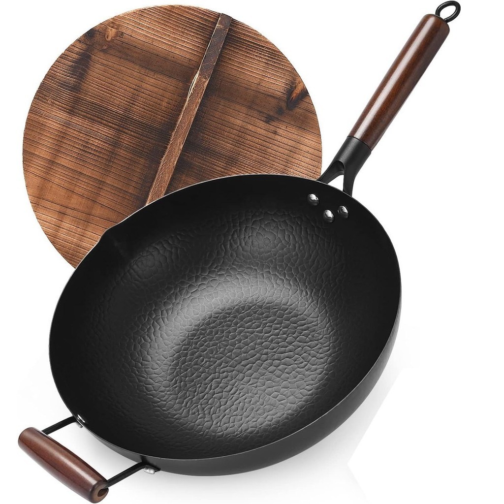 Hot Sales 12.8 Inch Carbon Steel Wok  Pan Handle Hammered Wok Set