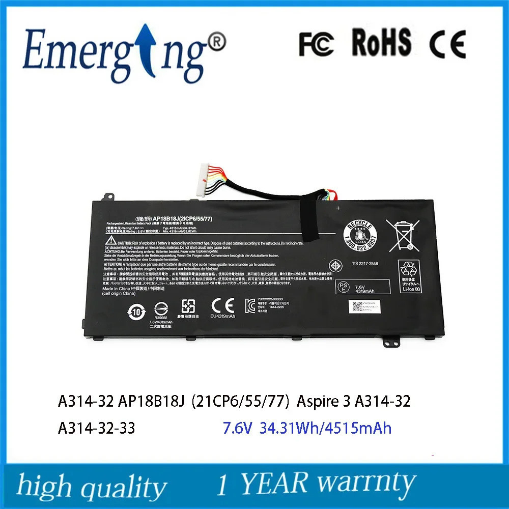 7.6V AP18B18J แบตเตอรี่แล็ปท็อปสำหรับ Acer Aspire 3 A314-32 3 A314-32-C1K9 A314-32-33 (/55/77)
