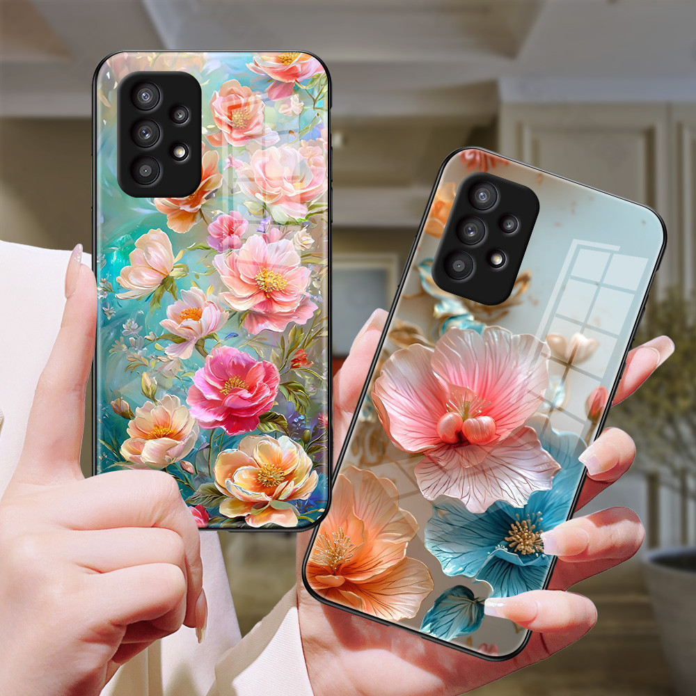 ดอกไม้ขอบทอง เคส กระจก Samsung a13 a12 a11 a10s a10 a03s a03 a02 s30 ultra s21 s21fe note 10 plus j7 2018 j6 h3f1523
