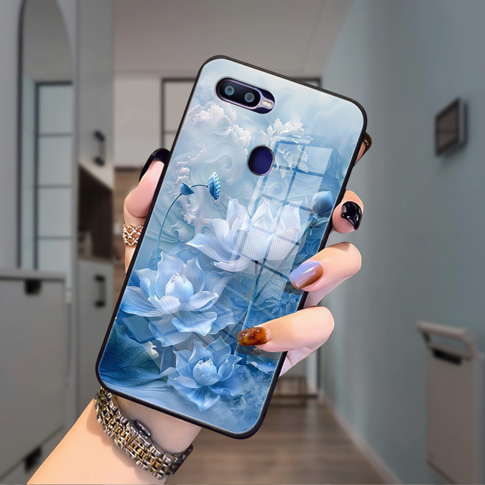 ดอกบัวขาว เคส กระจก oppo F9 pro A96 A95 A94 A93 A92 A83 A77 S A76 A74 A72 F5 F7 F19 F15 F11 F19 pro F11 pro h3f1620