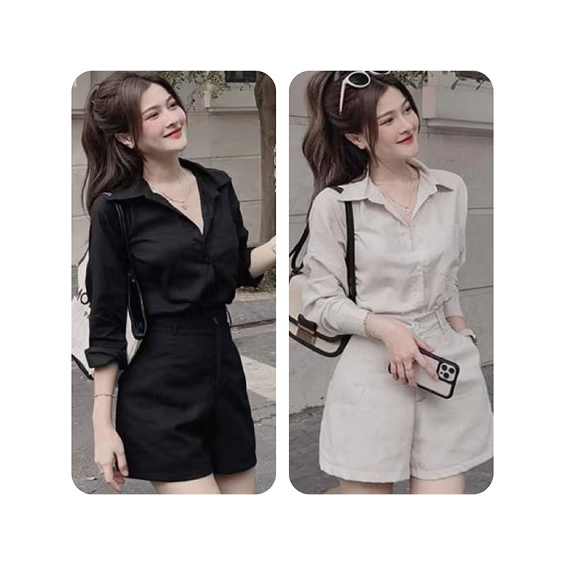 เสื้อเชิ้ตคอปกเเขนสั้นเเละกางเกงขาสั้น สีพื้นเรียบง่าย สวมใส่สบาย มีให้เลือก 2 สี S-L