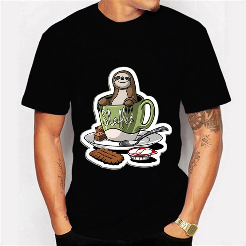 【COD】Brand Men's T-Shirt Sloffee Sloth Coffee Print Tshirts Short Sleeve Men's T-Shirt Casual Men's 