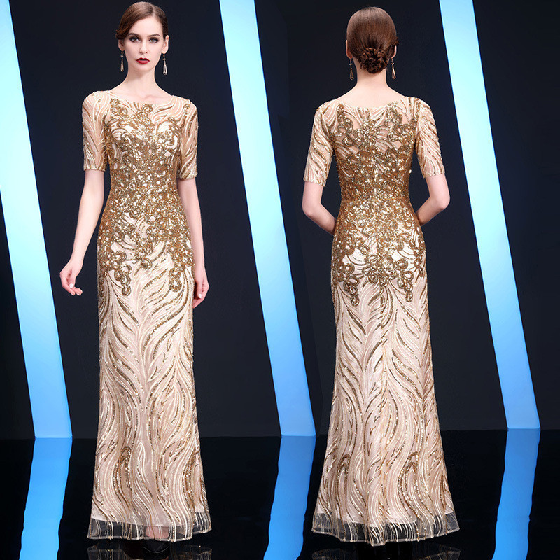 Glary star golden evening dresses banquet elegant celebrity host banquet party dresses female