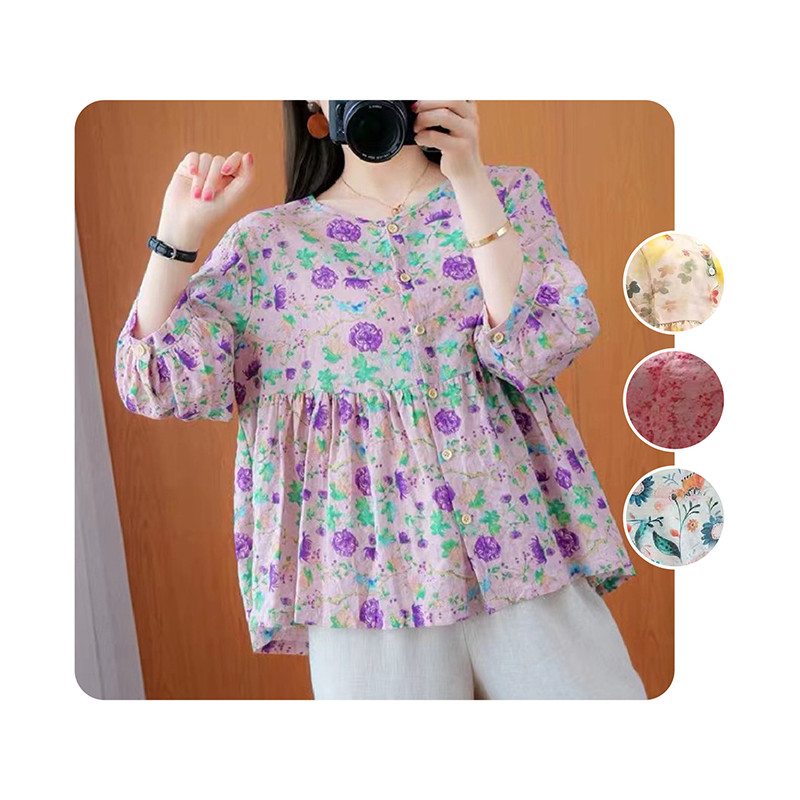 เสื้อลายดอกไม้ เเขนตุ๊กตา เสื้อครอปแขนสั้น เนื้อผ้าดี ใส่สบาย