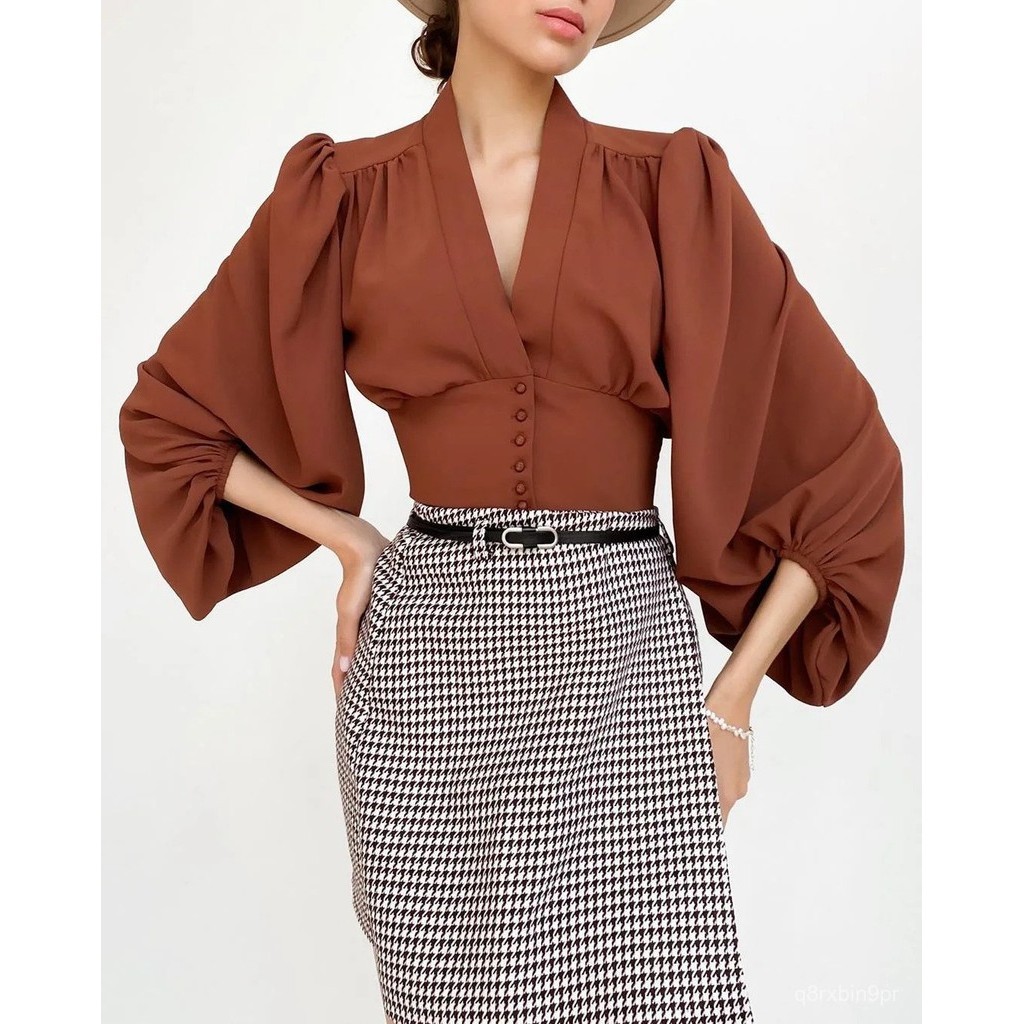 【High quality】Elegant French Style V-neck Women's Blouse Long Sleeve Crop Top Slimming Effective Lac