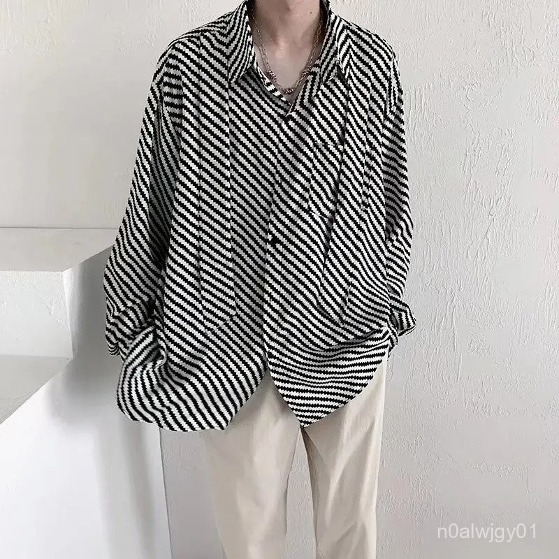 【High quality】2023 New Cool Tie Design Long Sleeve Shirt Men Loose Fit Trendy Hong Kong Style Couple