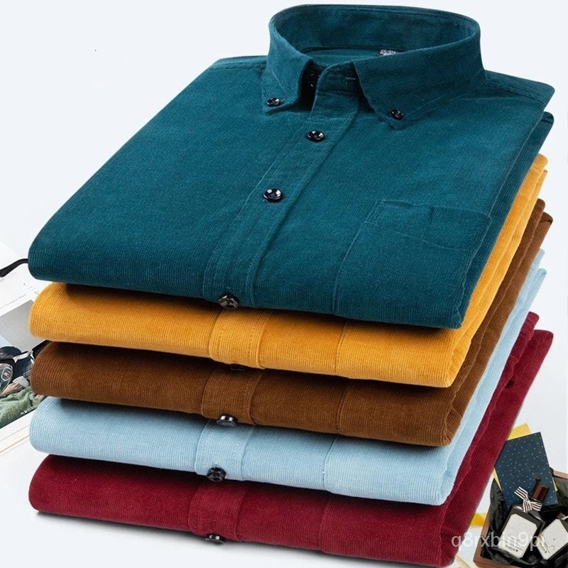 【High quality】100% Cotton Plus Size S-7XL Corduroy Shirt Mens Casual Long Sleeve Regular Fit Busines