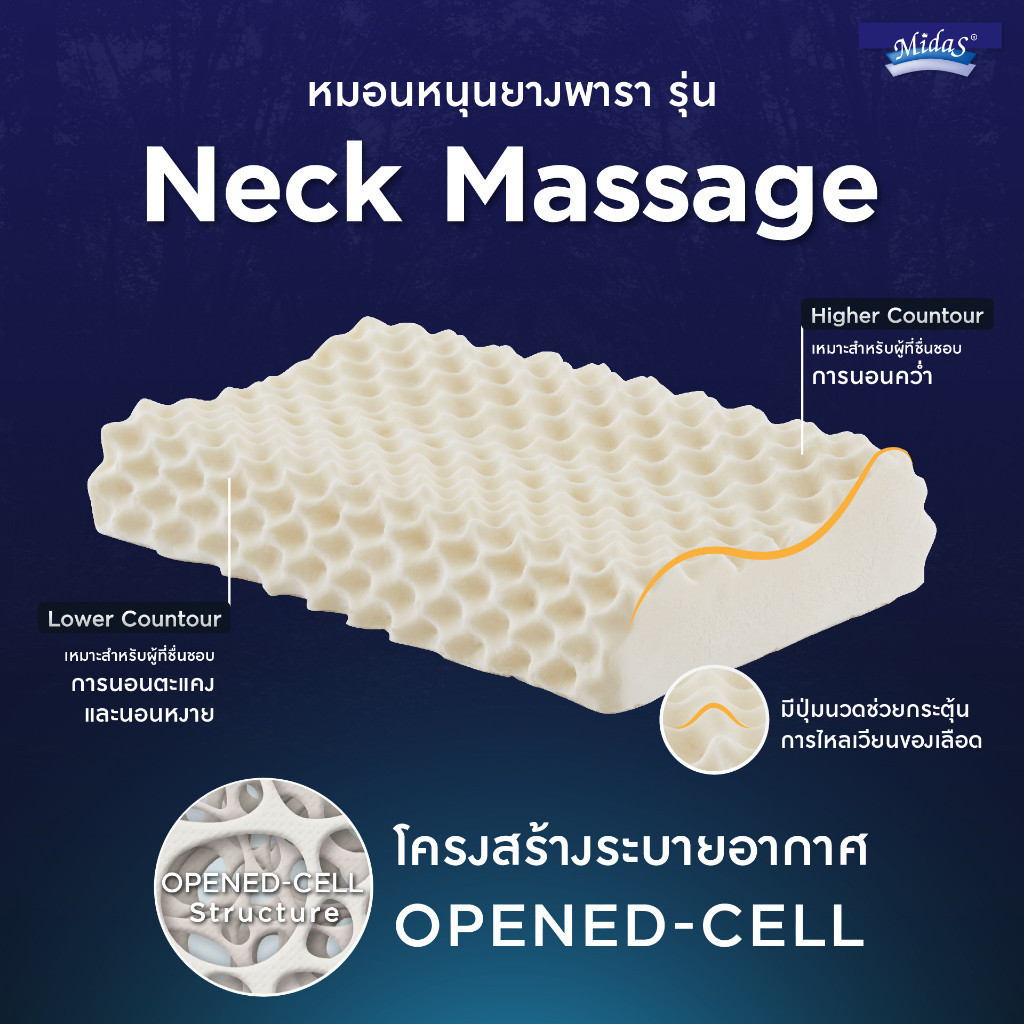 Midas หมอนหนุนยางพารา ช่วยรองรับกล้ามเนื้อบริเวณคอได้อย่างดีเยี่ยม รุ่น Neck Massage