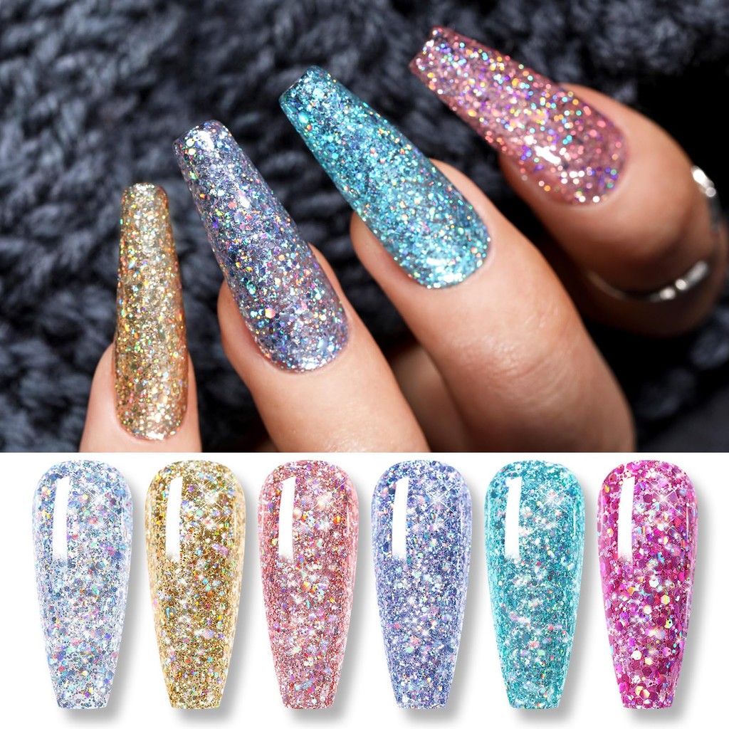 BORN PRETTY เจลเล็บสีชุด Glitter เจลสี Holo Glitter โฮโลแกรมฤดูใบไม้ผลิ/ฤดูร้อนเล็บ 6 สีทองสีฟ้า UV