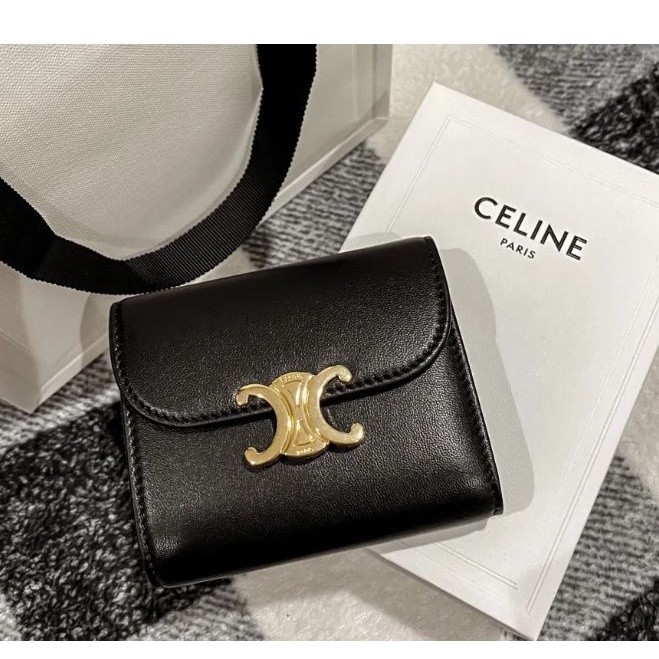 มือสอง CELINE สีดำสีเขียวสายตายาวสายตายาวเนื้อสีชมพู lambskin Arc de Triomphe กระเป๋าสตางค์คลิปสั้น 