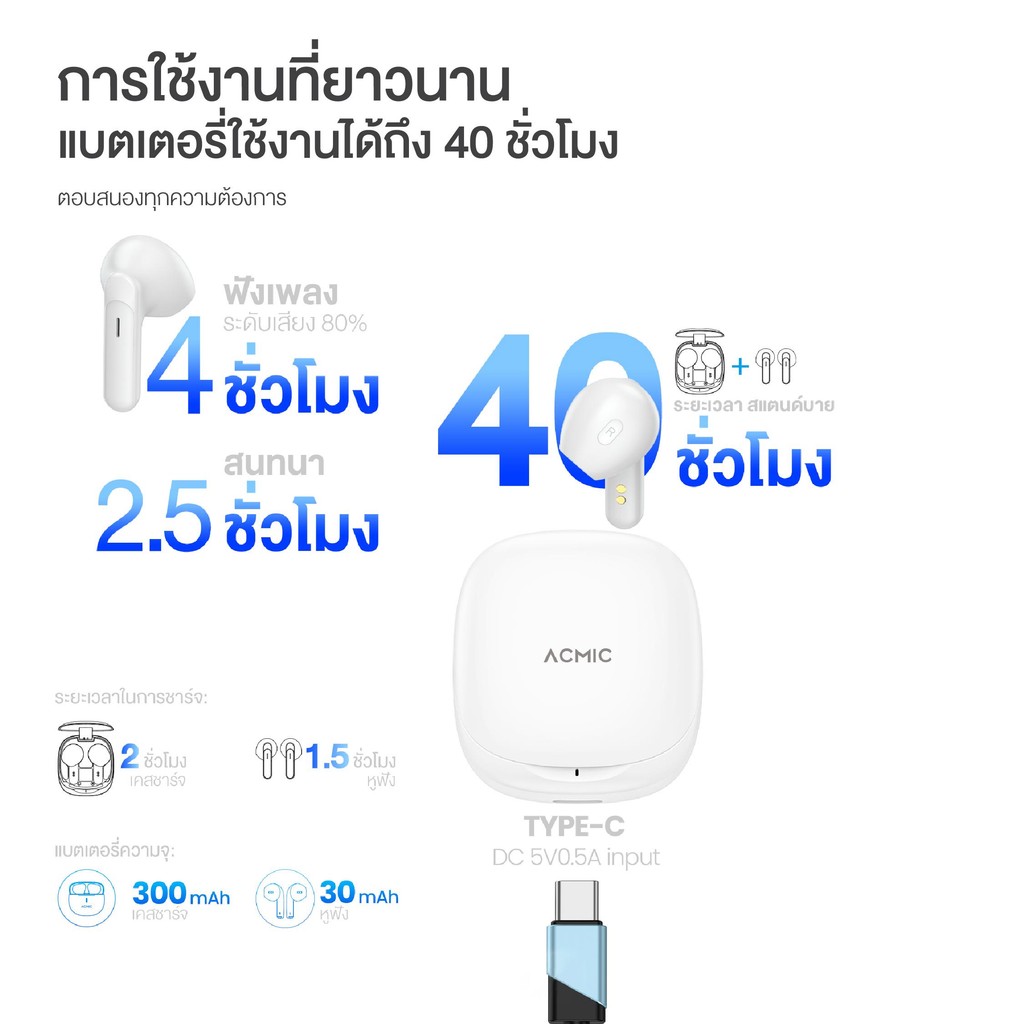 [ รับประกัน 2 ปี ] ACMIC AE-12T หูฟังบลูทูธไร้สาย Wireless Bluetooth Earbuds Bluetooth 5.1 ใช้งานนาน 40 ชม.