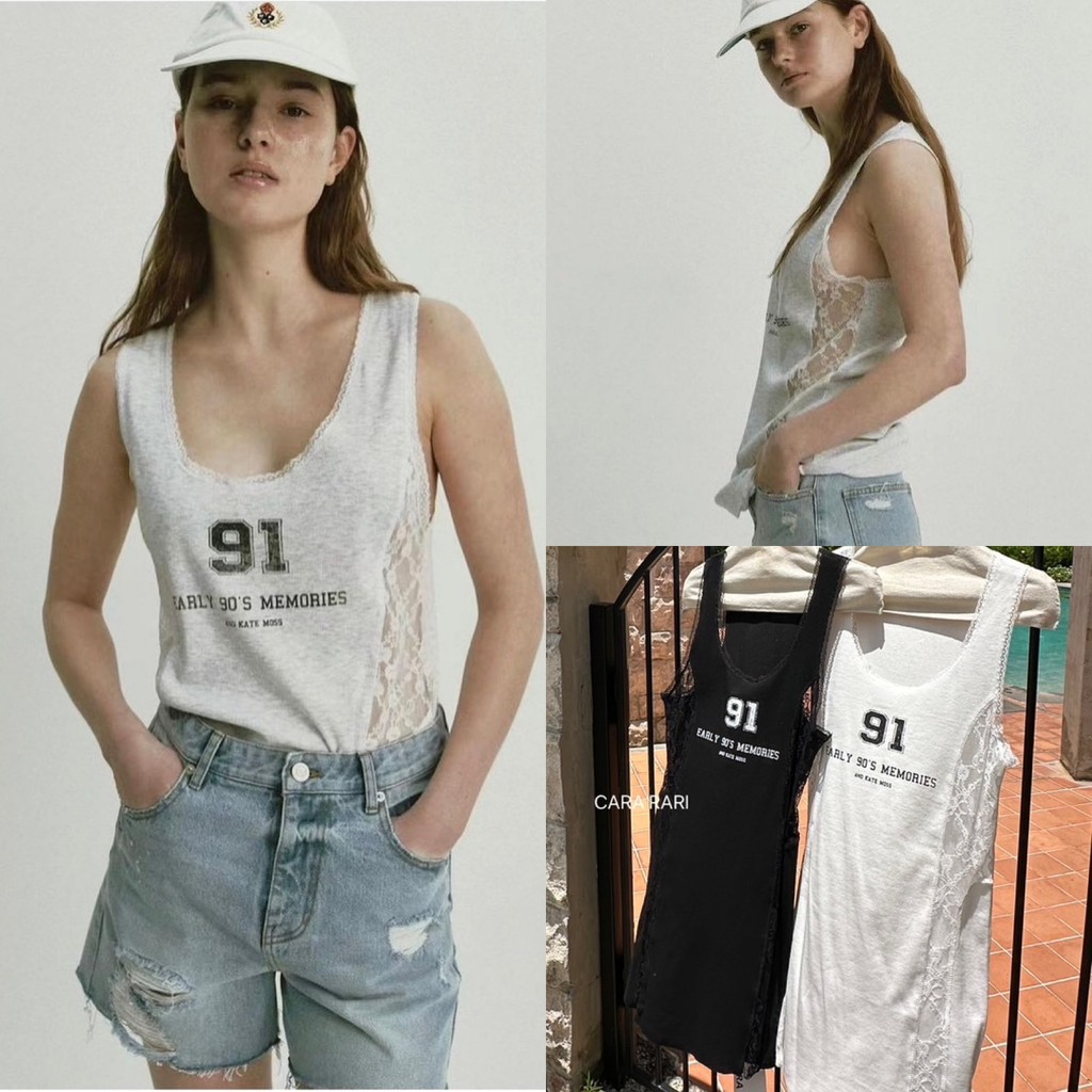 90'S MEMORIES TANK TOP เสื้อกล้ามงานชนช็อปเกาหลี สวยมากกก แต่งแถบลูกไม้ซีทรูเนื้อนิ่ม ปริ๊นลายสกรีนวินเทจ ผ้านุ่มมากกก