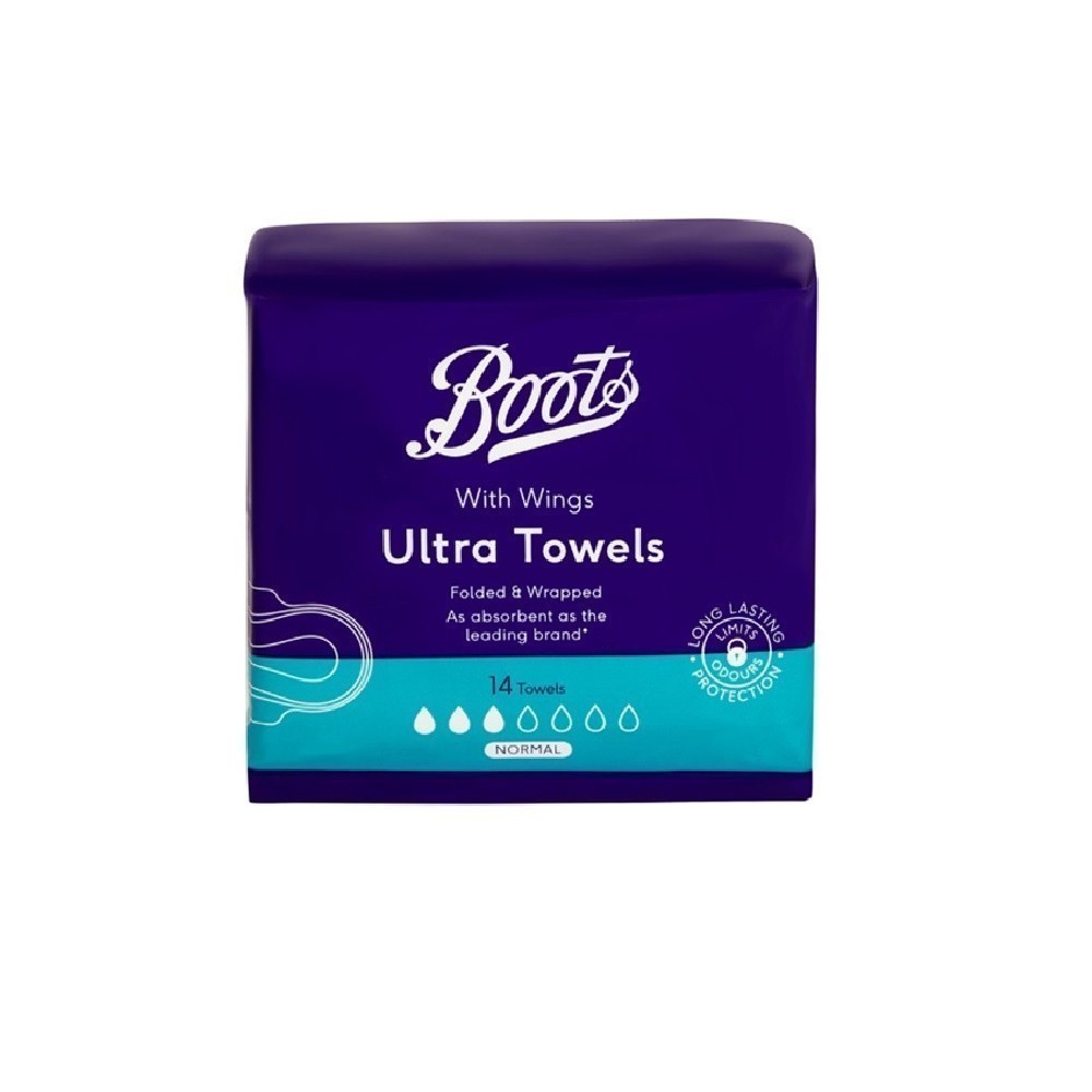 Boots Folded & Wrapped Ultra Towels With Wings Normal 22cm14S บู๊ทส์ โฟล์ดแอนด์แรปด์ ผ้าอนามัย มีปีก 22ซม.14ชิ้น