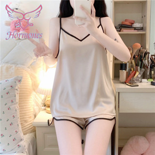 Hormones 🌞🌞 ชุดนอน 2 ชิ้น ผ้าไหมน้ำแข็ง ชุดอยู่บ้าน คอวี หลว…