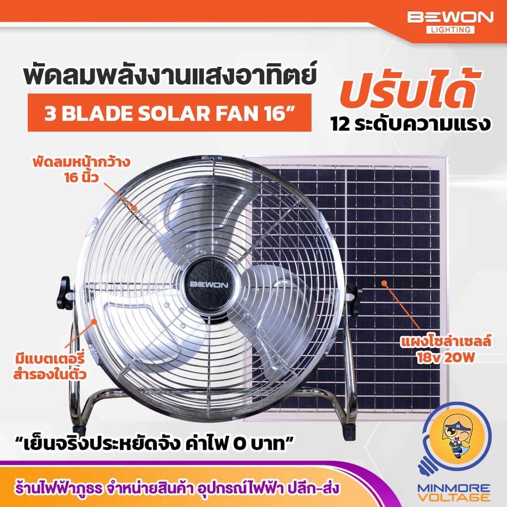 BEWON LIGHTING พัดลมโซล่าเซลล์ พลังแสงอาทิตย์ 16 นิ้ว มีแบตเตอรี่ในตัว ชาร์จไฟได้ 2 แบบ