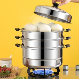 ❁☌Steamer สแตนเลส 2 ชั้นสามชั้น 4 ชั้นหนา Steamer ซุปหม้อแก๊สหม้อหุงข้าว Steamer 26-32 ซม.