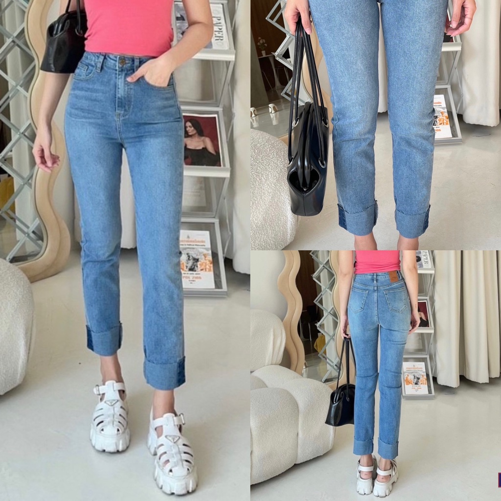 [พร้อมส่ง S-3XL] สินค้าใหม่ กางเกงยีนส์ ผู้หญิง ผ้านำเข้า ทรงบอย ผ้ายืดใส่สบาย รุ่นเบสิค ปลายขาพับ มี 2 สี