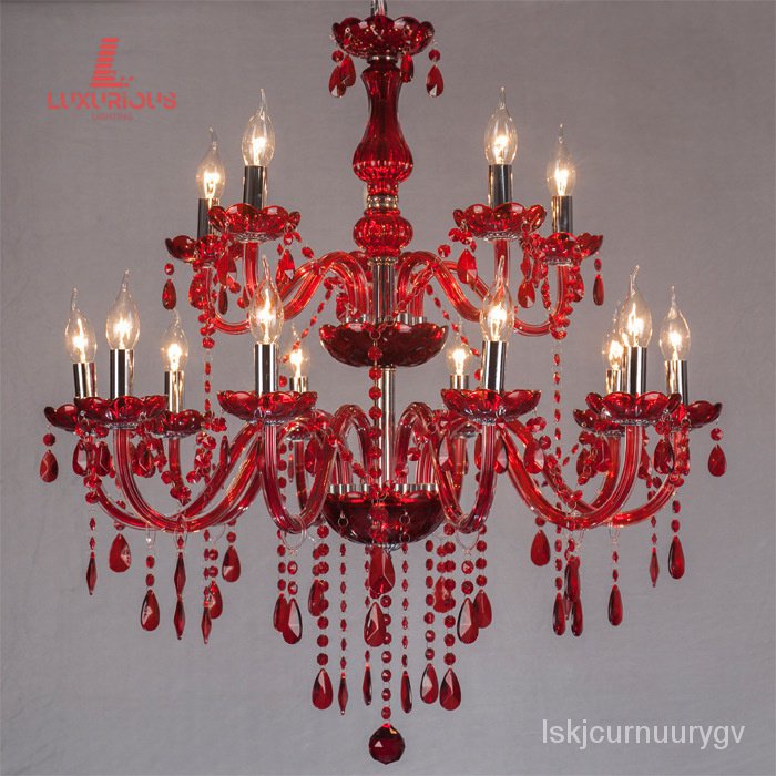 10+5High Double-Layer Red Crystal Chandelier2Layer15Head Red Glass Chandelier Candle Light KTV W0N7