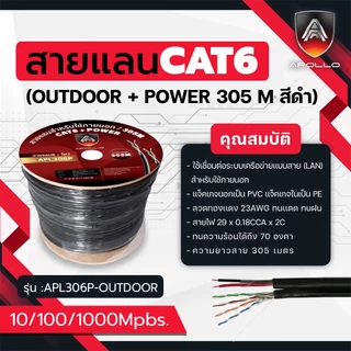 APOLLO สายแลน CAT6 UTP รุ่น APL306P สายแลน+ไฟ Lan Cable+Power Outdoor สำหรับใช้ภายนอก 305m./Box
