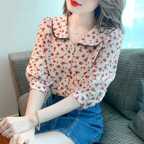 ใหม่ เสื้อเชิ้ตแขนสามส่วน ผ้าชีฟอง พิมพ์ลาย ทรงหลวม สไตล์เกาหลี ลําลอง แฟชั่นสําหรับผู้หญิง