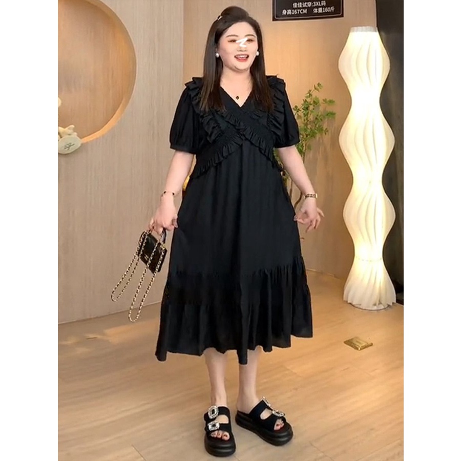 เดรสสาวอวบ ชุดเดรสยาว ไซส์ใหญ่ ผ้าชีฟอง คอวี แขนพัฟ ทรงหลวมน่ารัก เสื้อผ้าแฟชั่นผู้หญิงอวบ 40-150 กก.เลือกได้