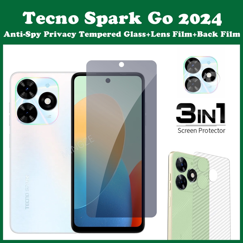 3in1 Tecno Spark GO 2024 ฟิล์มกระจกนิรภัยกันรอยหน้าจอ ฟิล์มเลนส์ ฟิล์มด้านหลัง ป้องกันการแอบมอง เพื่