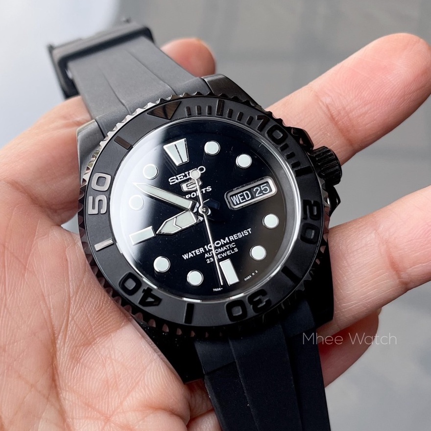Seiko 5 Sport SNZF17 Mod จากเครื่องแท้ทั้งหมดBlack Yacht Master Matte Black Bezel Rubber Strapเทียบเ