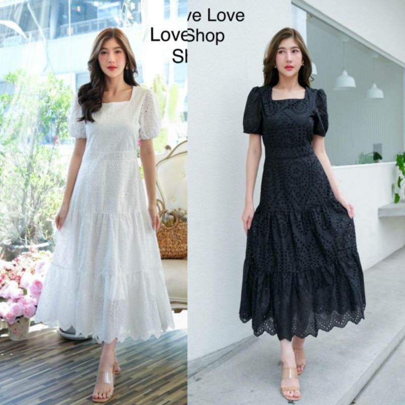 เดรสขาวงานบุญ M-4XL Maxi Dress เดรสดำผ้าฉลุลายแขนพอง งานป้าย Love love