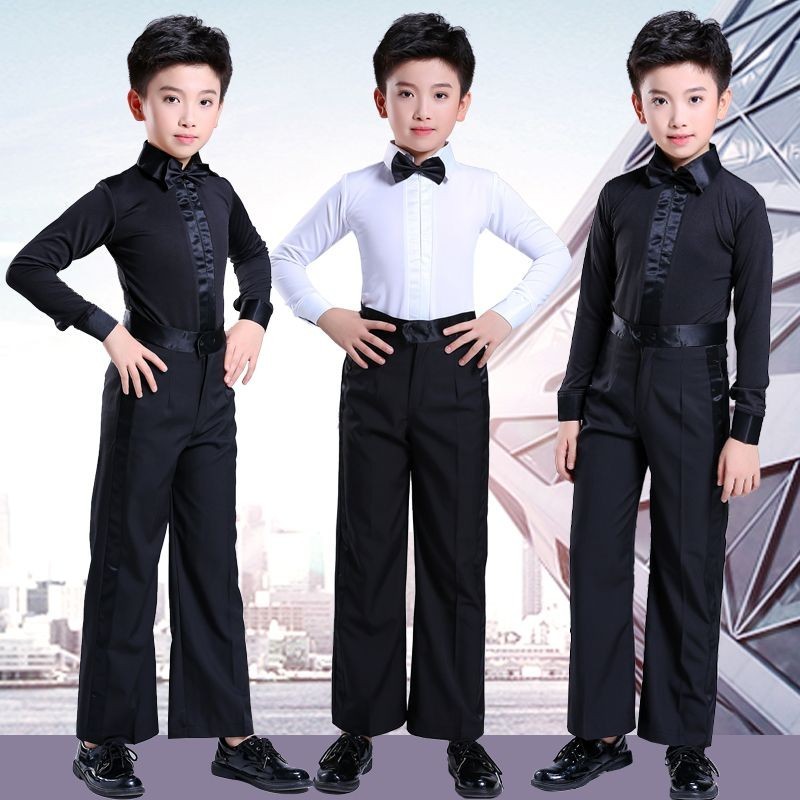 เครื่องแต่งกายเต้นรำละตินสำหรับเด็กผู้ชาย ชุดแข่งขันเต้นรำนานาชาติแขนยาวสำหรับเด็ก ชุดออกกำลังกายสำหรับเด็กการแสดงเต้นรำ