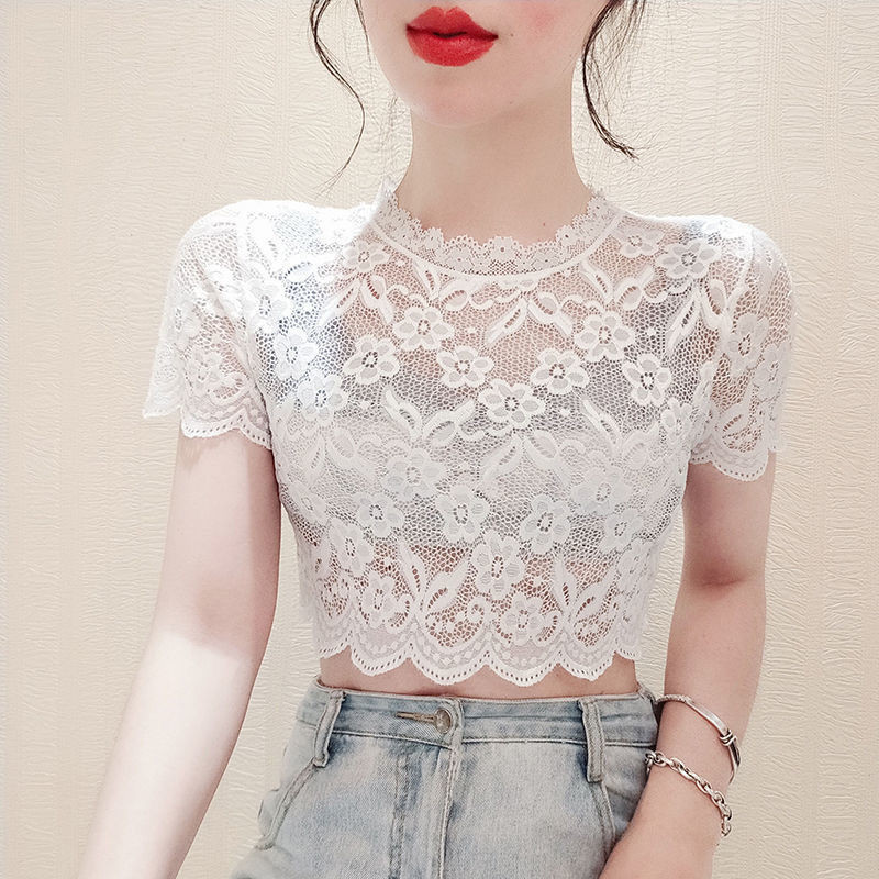 เสื้อยืดแขนสั้น คอปกตั้ง ผ้าตาข่าย แต่งลูกไม้ เข้ากับทุกชุด สําหรับผู้หญิง#0306