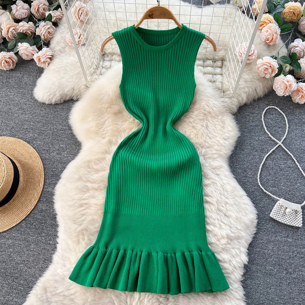 YuooMuoo Early Autumn Sexy Package Hips Ruffles Mini Dress Summer Fashion Y2K Knitted Bodycon Ladies Dress Korean Party
