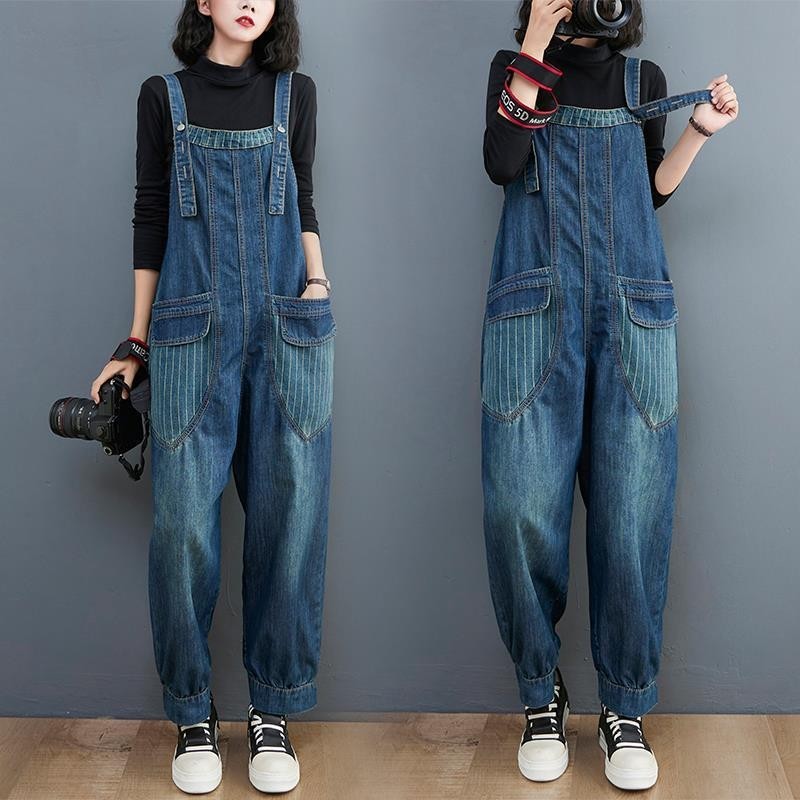 เอี๊ยมกางเกงยีนส์ เอี๊ยมกางเกงสาวอวบ overalls สไตล์การซักสีทึบ