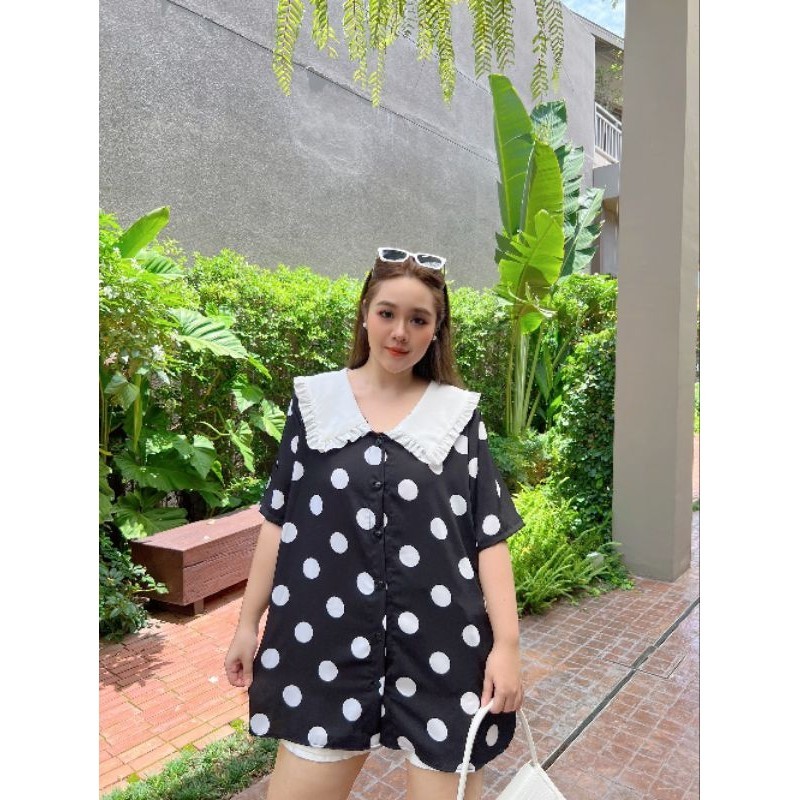 𝗠𝗔𝗕𝗘𝗟 𝗦𝗛𝗜𝗥𝗧 น้องเชิ้ตลายจุดขาวดำ ดีไซส์ปกคอบัวแต่งระบาย
