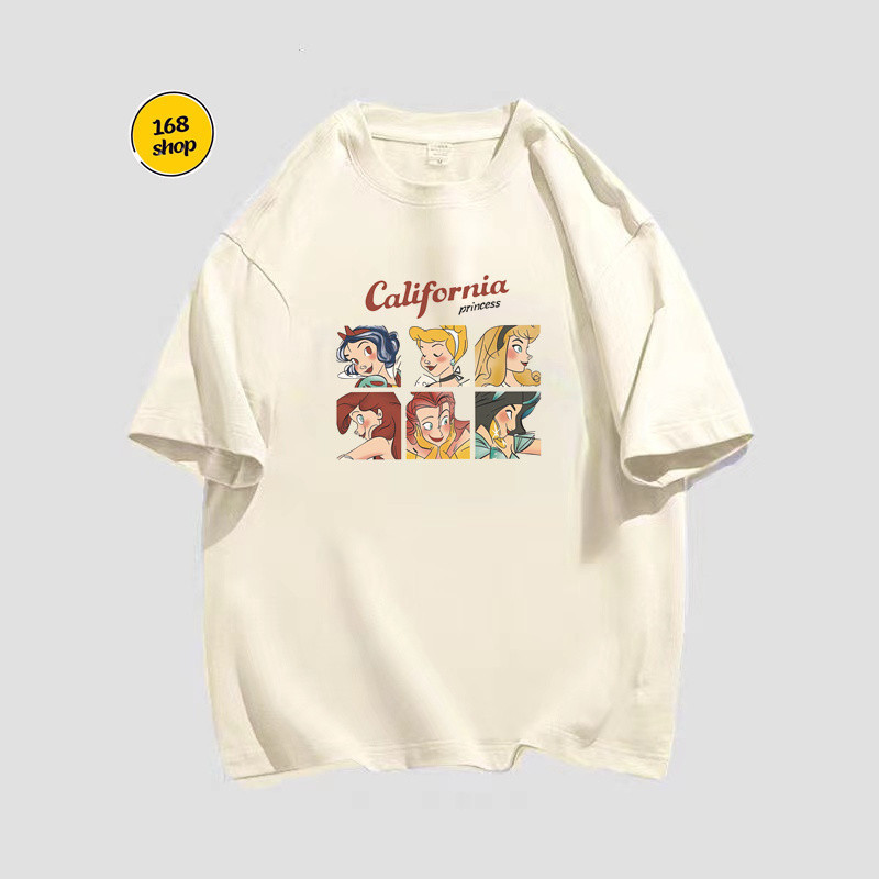 เสื้อยืดพิมพืลายเจ้าหญิง พิมพ์การ์ตูนแขนสั้นดพลีเอสเตอร์ มีให้เลือก 6สี เสื้อยืดผู้หญิงฤดูร้อนหลวมครึ่งแขน