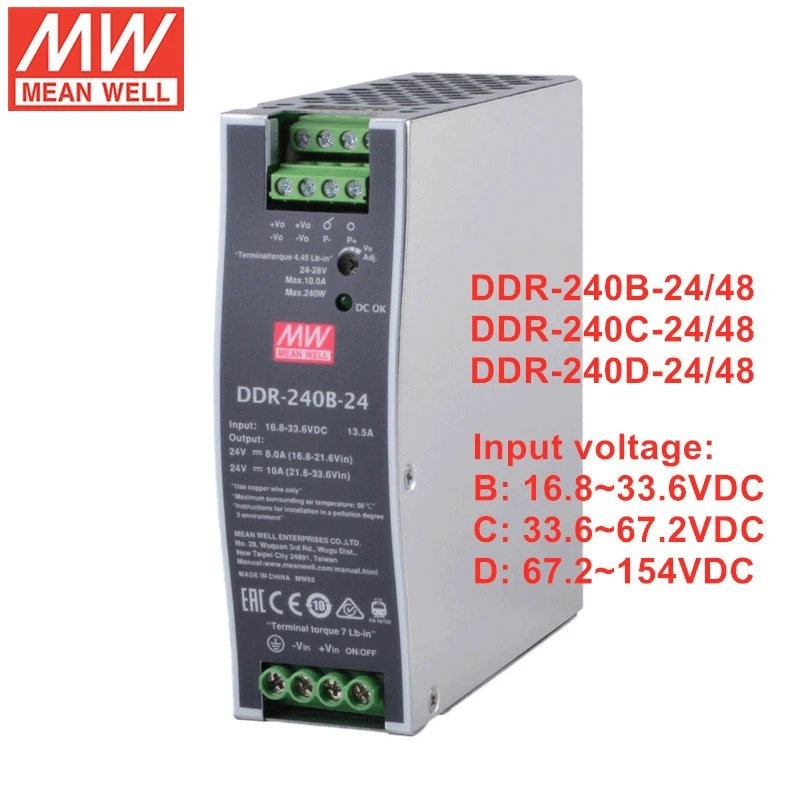 MEAN WELL ชุดจ่ายไฟสำหรับ DDR-240 240W Slim DIN Rail DC-DC Converter DDR-240B-24/48 DDR-240C-24/48 D