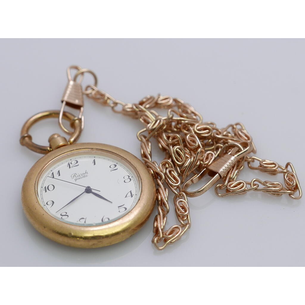 นาฬิกา Vintage มือสองญี่ปุ่น PocketWatch นาฬิกาพก RICOH ระบบ QUARTZ ผู้ชาย ทรงกลม กรอบทอง หน้าขาว 27