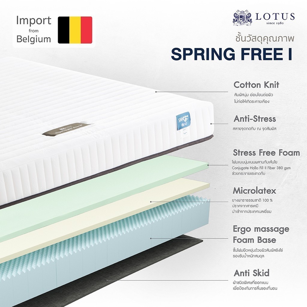 [ฟรี!ชุดผ้าปู] LOTUS ที่นอนยางพารา (สเปคแน่น-นุ่มสบาย) รุ่น Spring Free ส่งฟรี