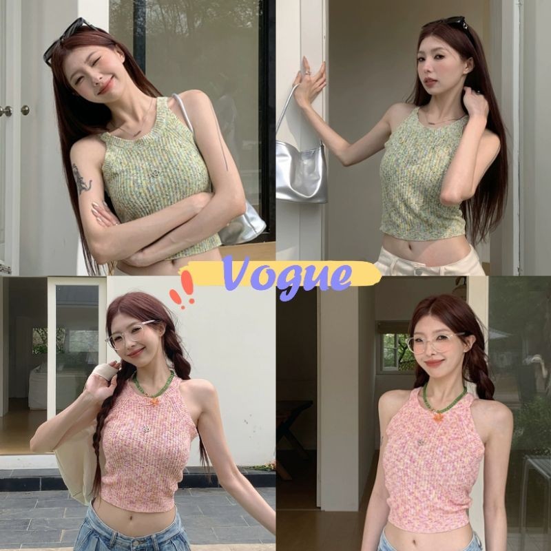Vogue🌟พร้อมส่ง🌟 เสื้อกล้ามแขนกุดคอเต่าลายดอกไม้ เสื้อคอเต่าแน่น ดี (Z12)