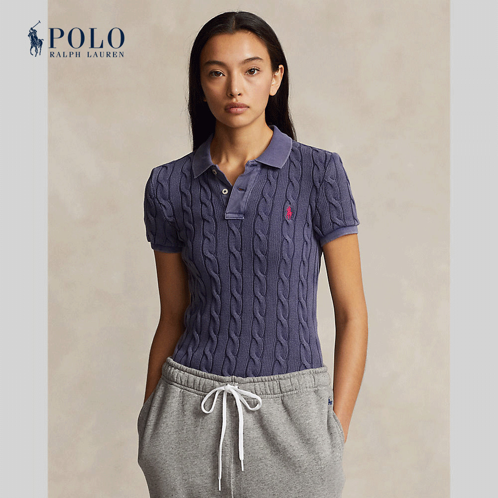 Polo Ralph Lauren เสื้อโปโลผู้หญิง Cable-Knit Polo Shirt รุ่น WMPOKNINB920122 สีฟ้า
