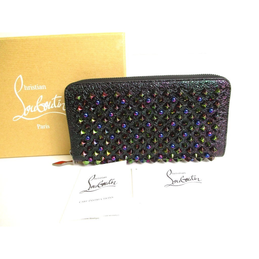 Authentic Christian Louboutin Panettone Black Leather Multicolor Spikes Round Zip Wallet #9746  Pre-