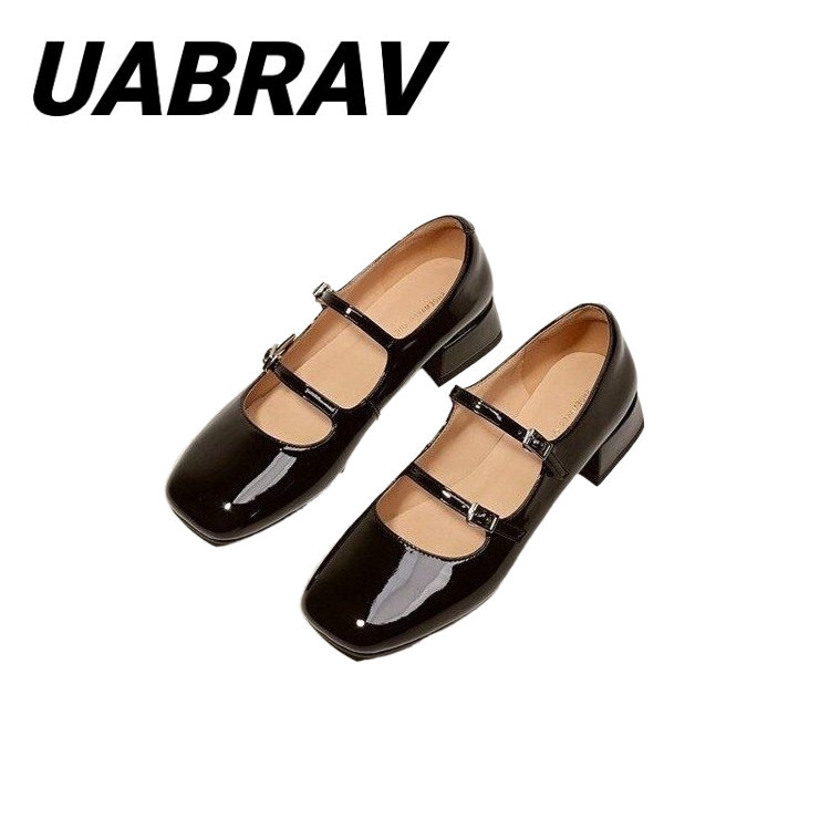 UABRAV.รองเท้าส้นสูง รองเท้าบัลเล่ต์ หนังแมรี่เจน หัวสี่เหลี่ยม แต่งหัวเข็มขัดคู่ ขนาดเล็ก สีเงิน สําหรับผู้หญิง(ขนาด:35-40)