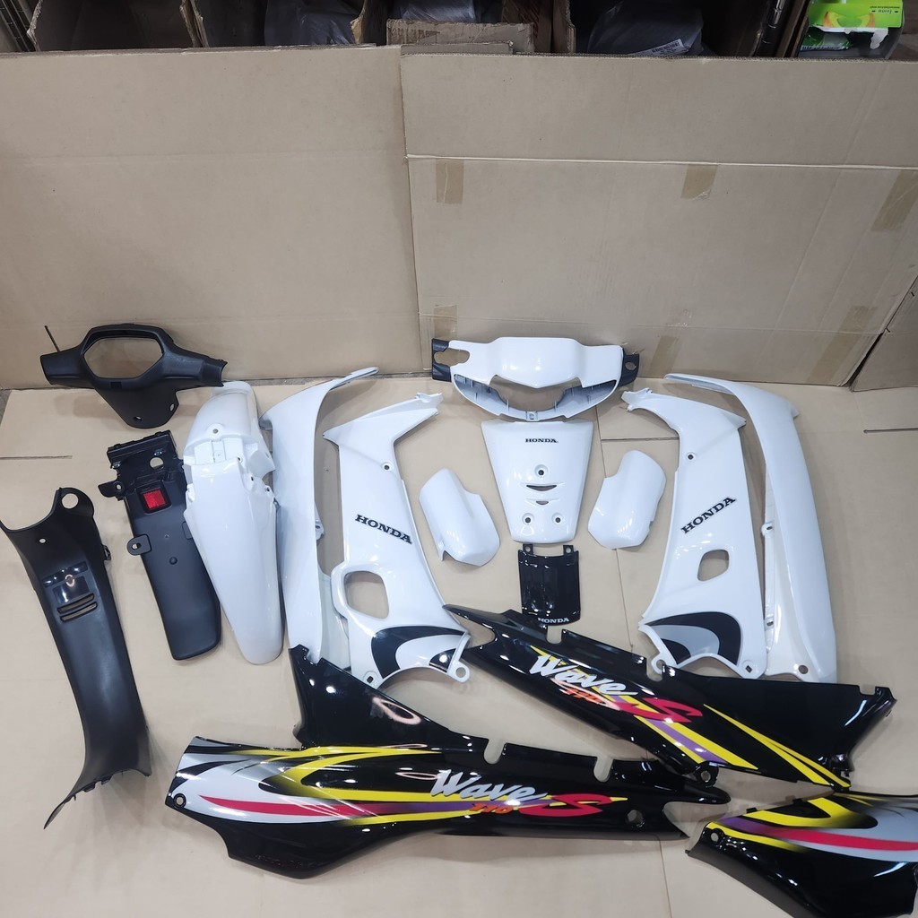 ชุดสี wave110s เฟรมรถ เวฟ100s ยกชุด16ชิ้น + ชิ้นดำด้าน กาบรถ wave100s รุ่นดิส สีขาวดำ พร้อมติดลาย wa