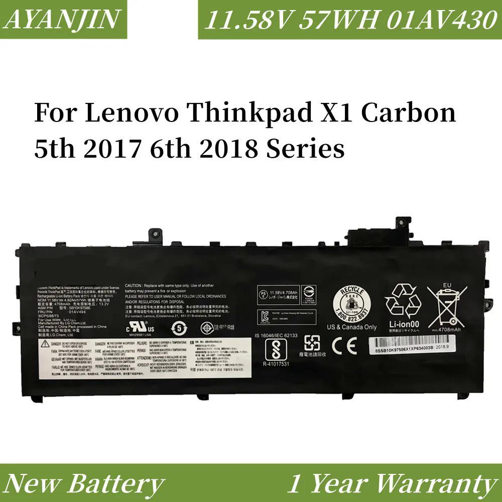 11.58V 01AV494 SB10K97586 01AV430แบตเตอรี่แล็ปท็อปสำหรับ Lenovo Thinkpad X1 Carbon 5th 2017 2018 Ser