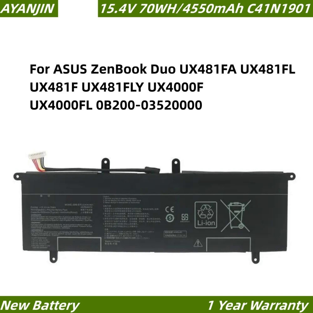 C41N1901 15.4V 70WH แบตเตอรี่แล็ปท็อปสำหรับ ASUS ZenBook Duo UX481FA UX481FL UX481F UX4000FL 0B200-03520000