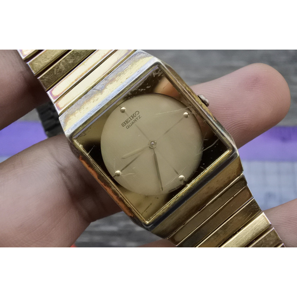 นาฬิกา Vintage มือสองญี่ปุ่น Seiko Gold Plated 7430 5270 Yellow Dial ผู้ชาย Rectangular ระบบ Quartz ขนาด28mm