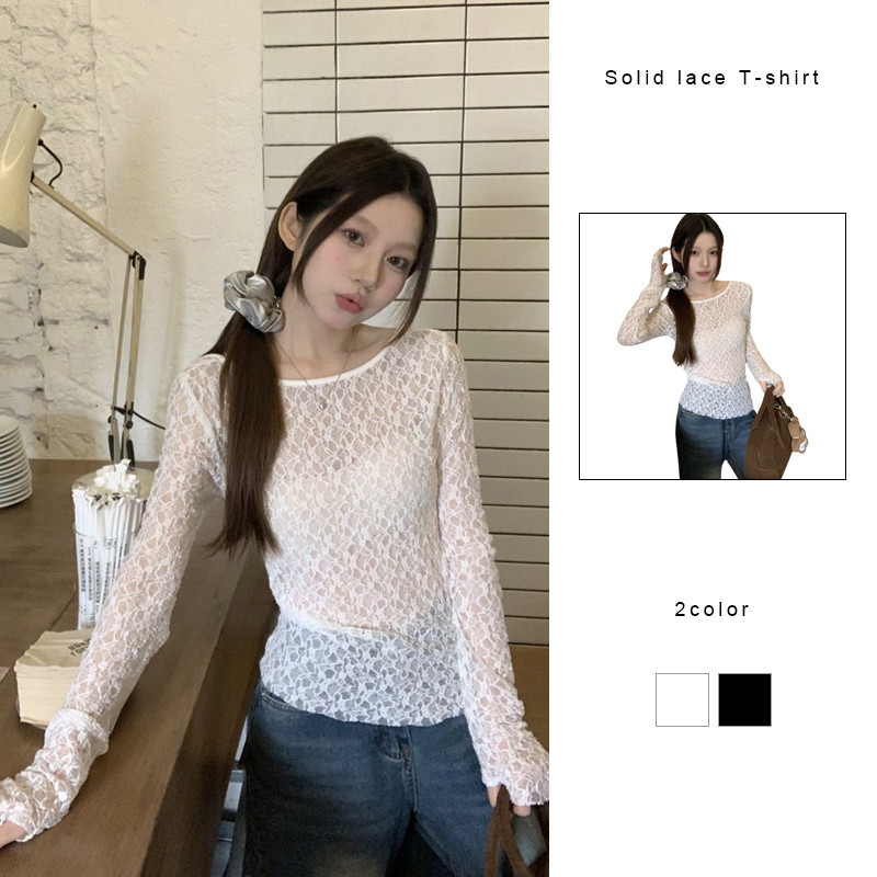 สีทึบเสื้อยืดลูกไม้มุมมอง Bottoming เสื้อผู้หญิง Slim FITTING เสื้อแขนยาว