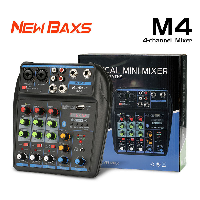 NewBaxs  M4 มิกเซอร์ มินิเอฟเฟกต์ 4 ช่อง มิกซ์ขยายเสียง การ์ดเสียง Reverberator Live อุปกรณ์บันทึกเสียง คอมพิวเตอร์พกพาส