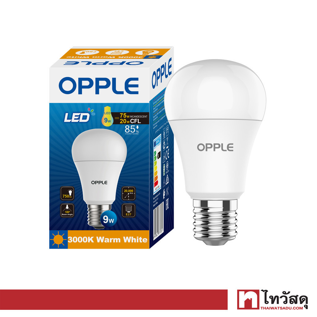 OPPLE หลอดไฟ LED E27 9W Warm White รุ่น E1A60-E27-9W-WWCTV7