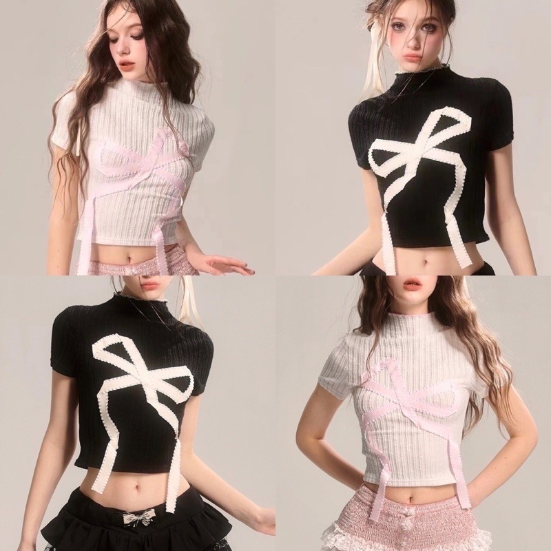 FK🎀พร้อมส่ง🎀 ไหมพรมแขนสั้น แต่งลายโบว์ใหญ่