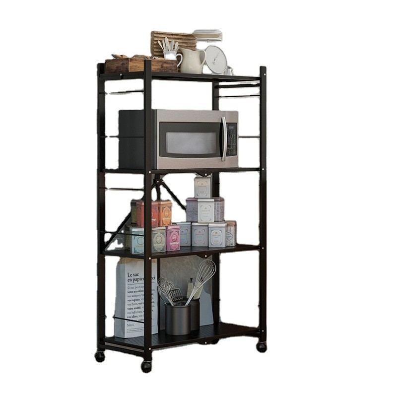 Foldable kitchen storage shelf with wheels microwave oven rack 3tier-4tier-5tier organize shelf